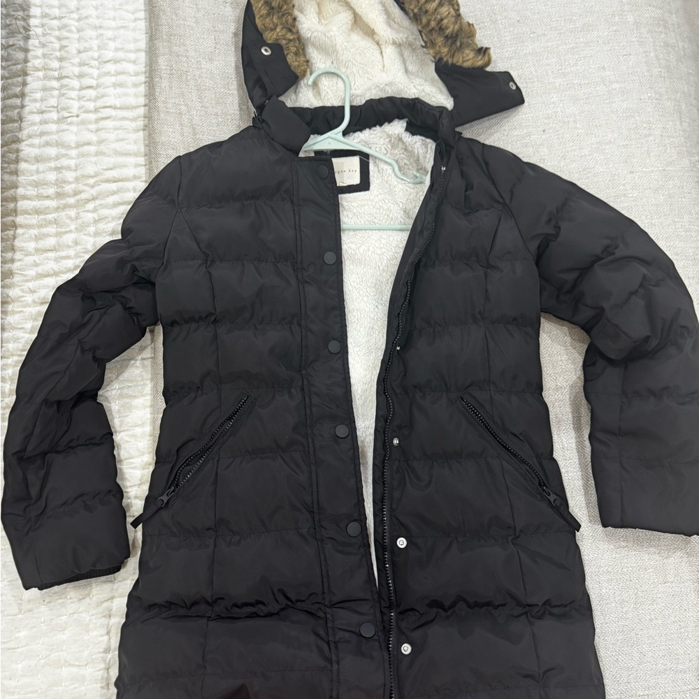 girls Black Puffer Coat, removable hood